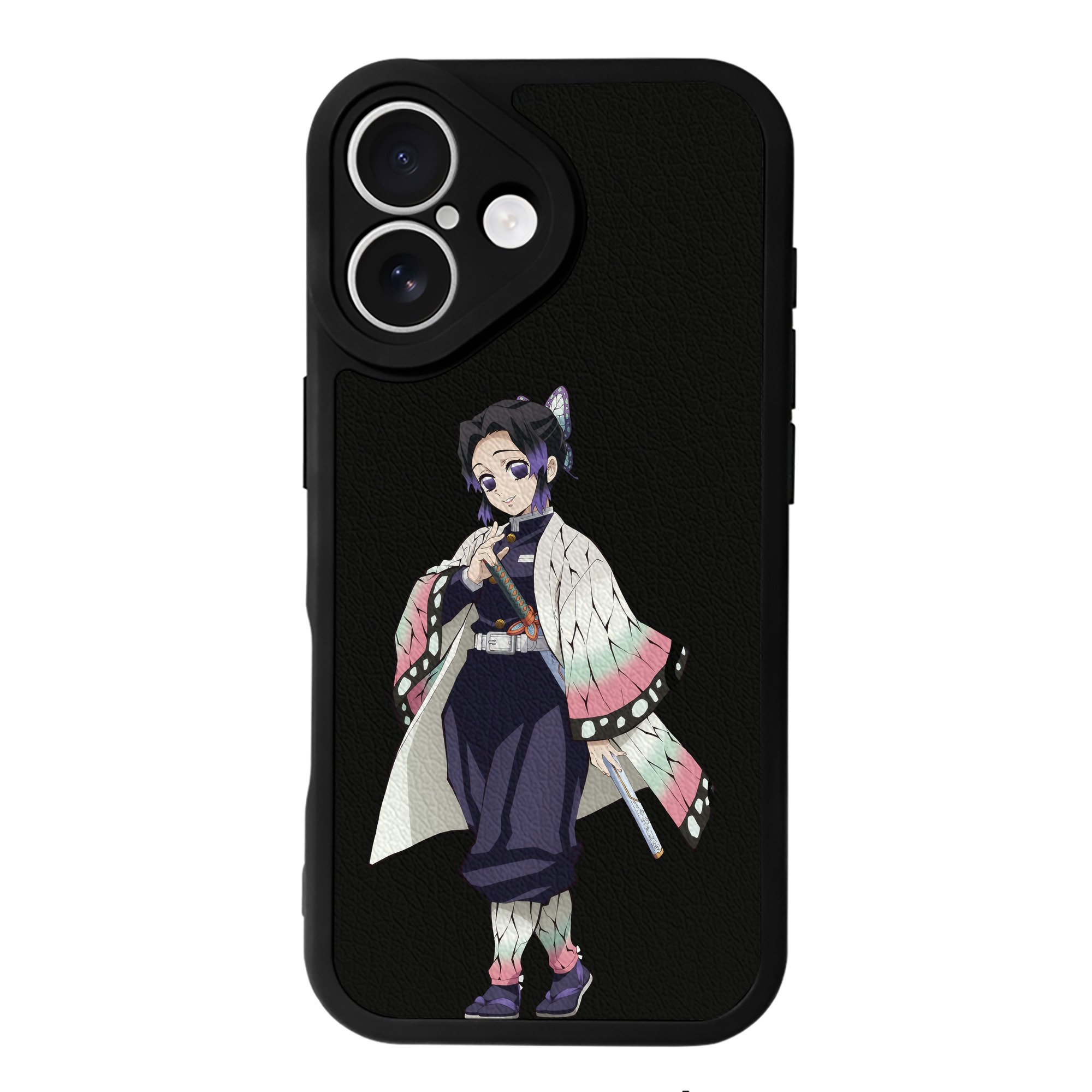 （画像用） 鬼滅の刃（きめつのやいば）蟲柱-胡蝶 しのぶ／こちょう しのぶ Kochou Shinobu 【iPhone 16シリーズ対応】シリコンスマホケース（レザー調） 材質：シリコン